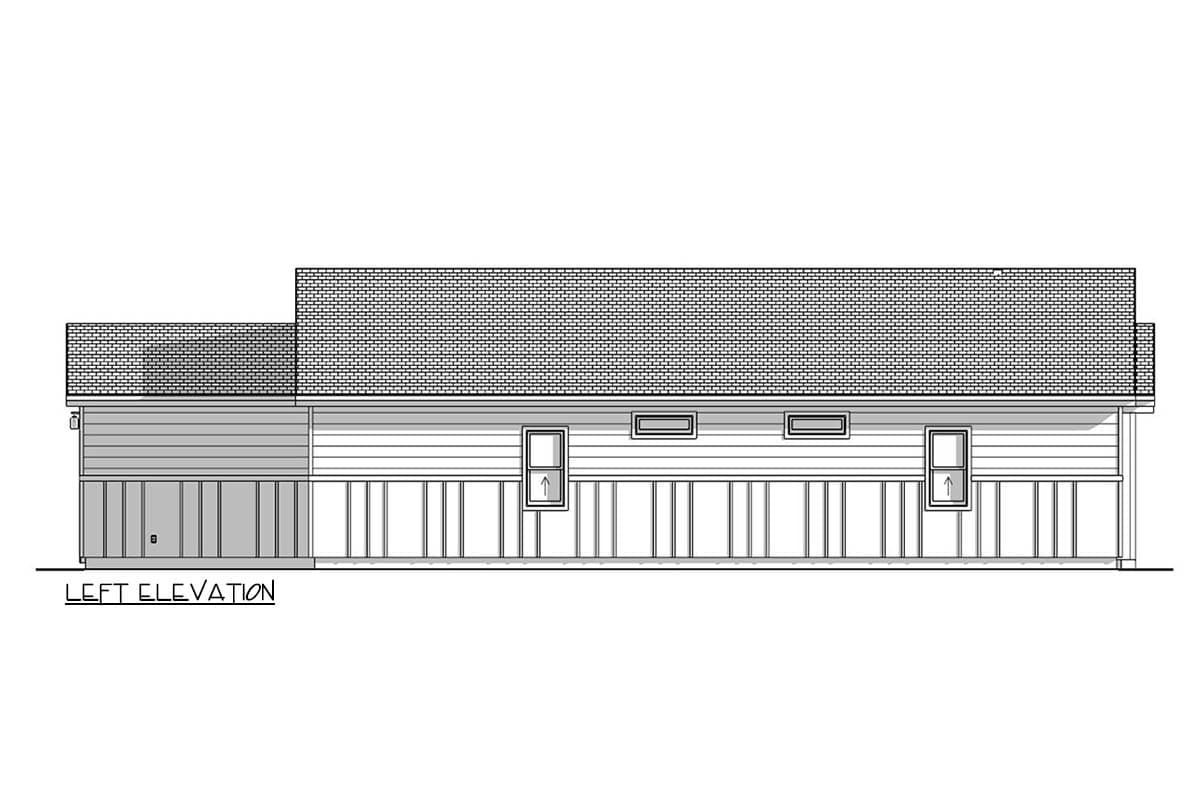 Architectural drawing showing the left elevation of a one-story building with a multi-textured roof and several rectangular windows.