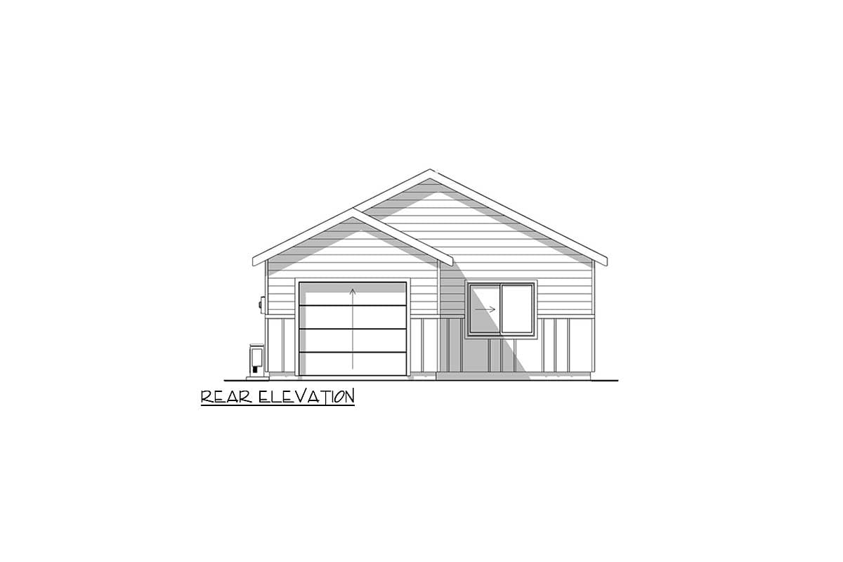 Line drawing of a house rear elevation. Features a garage door, a small window, and text that says REAR ELEVATION.