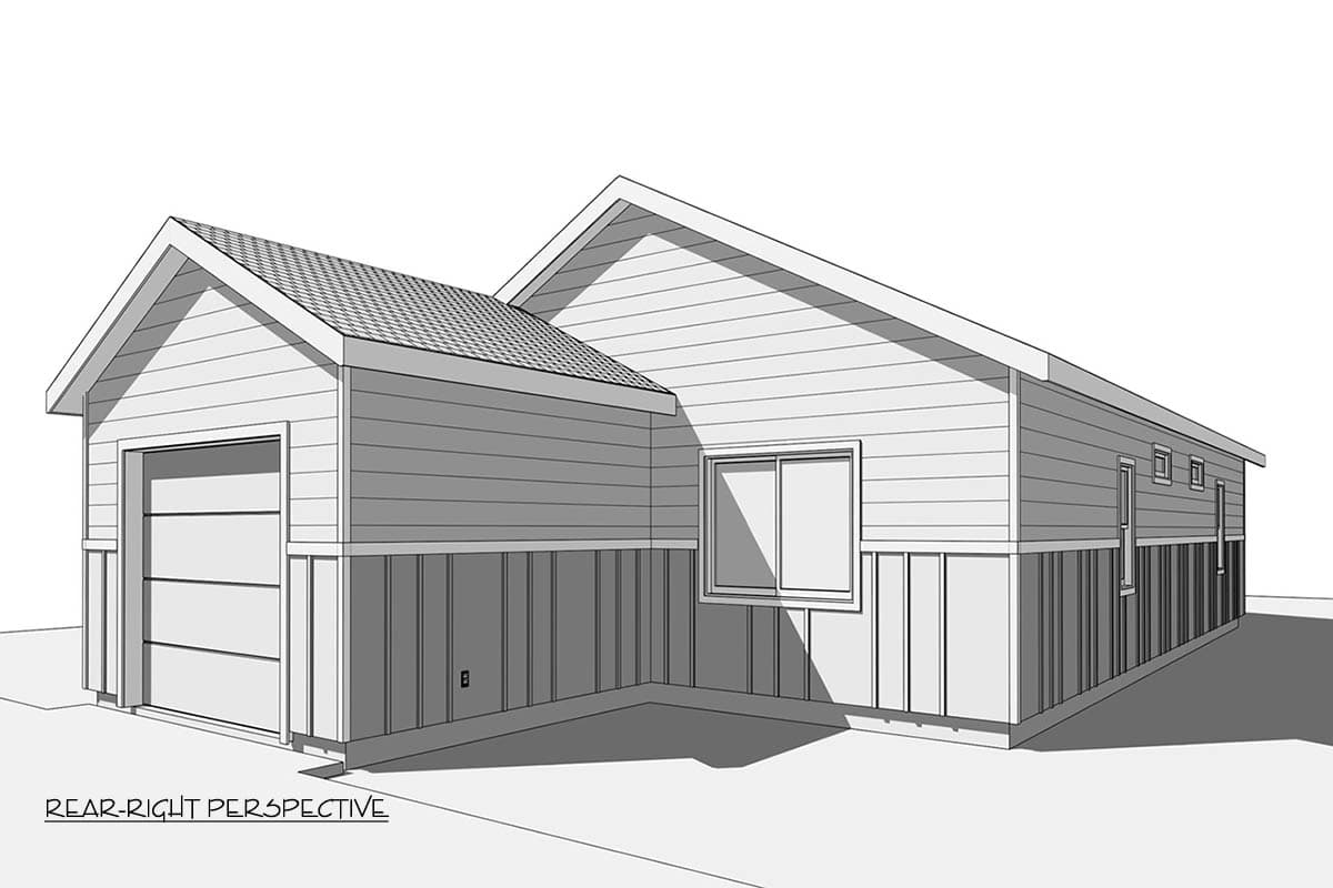 A rear-right perspective sketch of a house with a garage. Featuring a sloped roof, a garage door, and a window, rendered in grayscale.