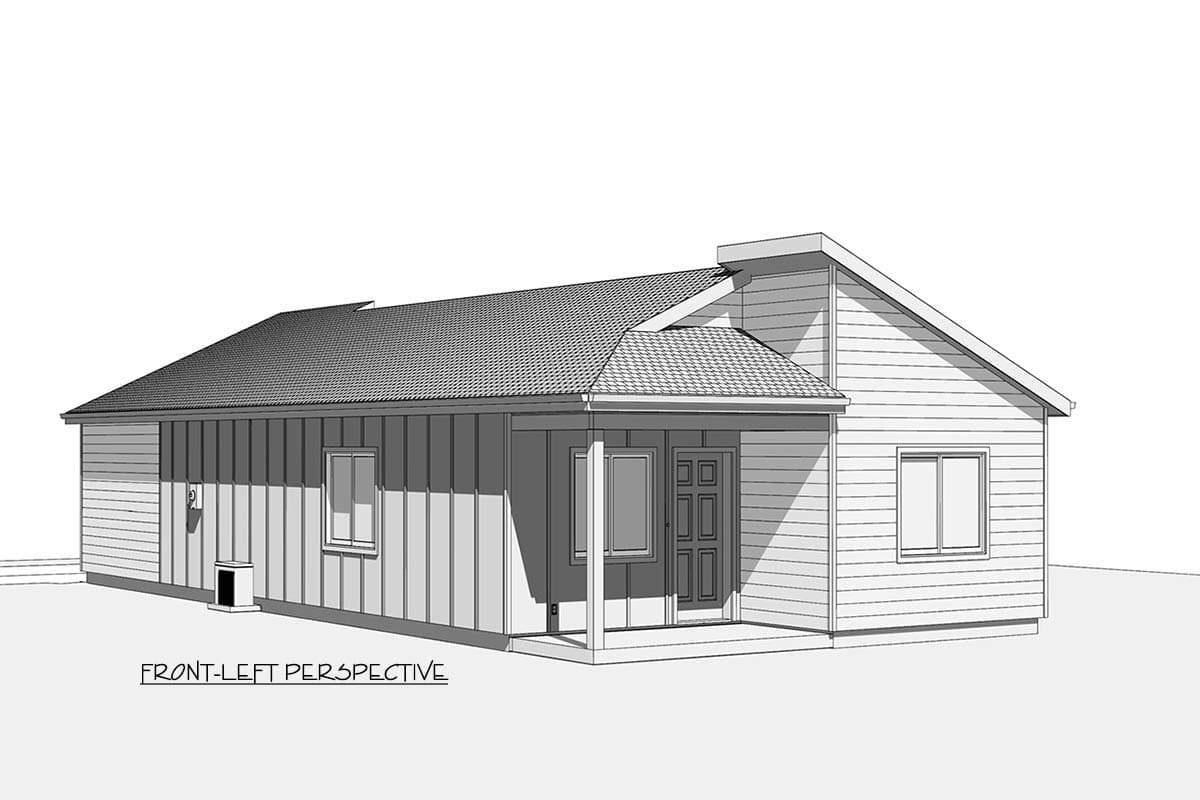 Front-left perspective sketch of a low-slung house with a porch. The roofline is asymmetrical, and siding details are visible on the exterior.