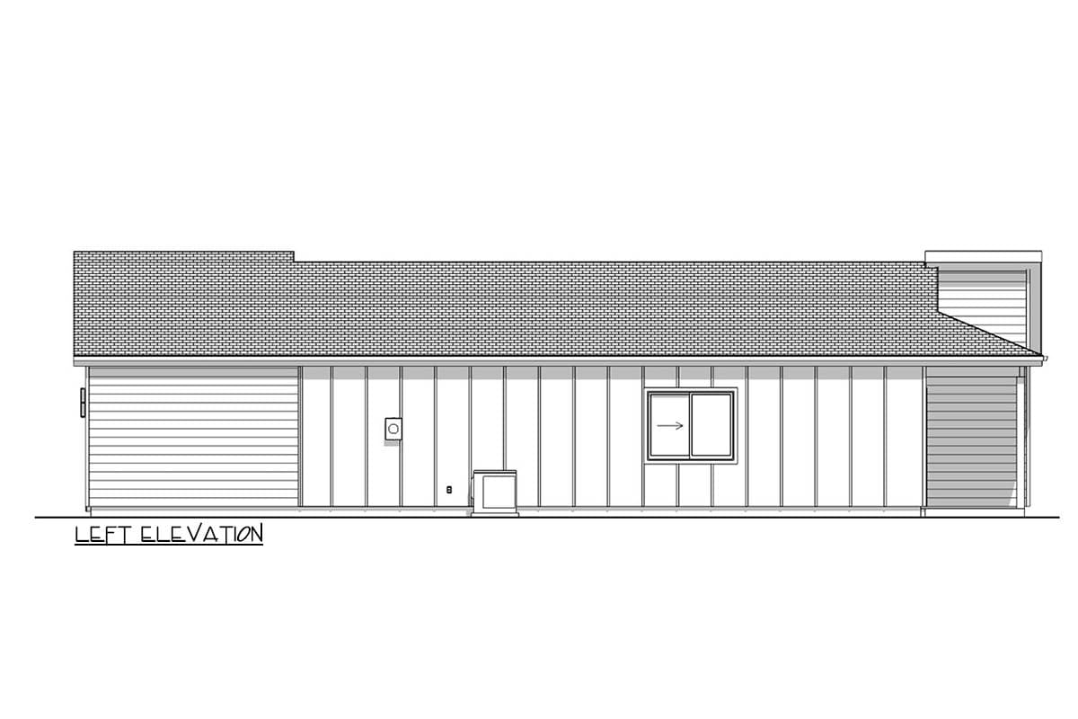 Architectural drawing showing the left elevation of a house. It features a gabled roof, a window, and the label 'LEFT ELEVATION' below.