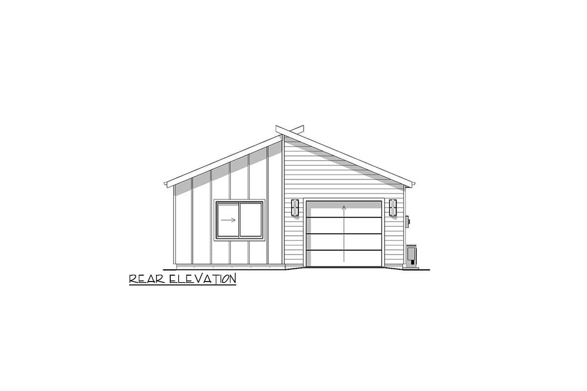 Line drawing of a house rear elevation. Features a garage door, a window with an arrow, and a pitched roof.