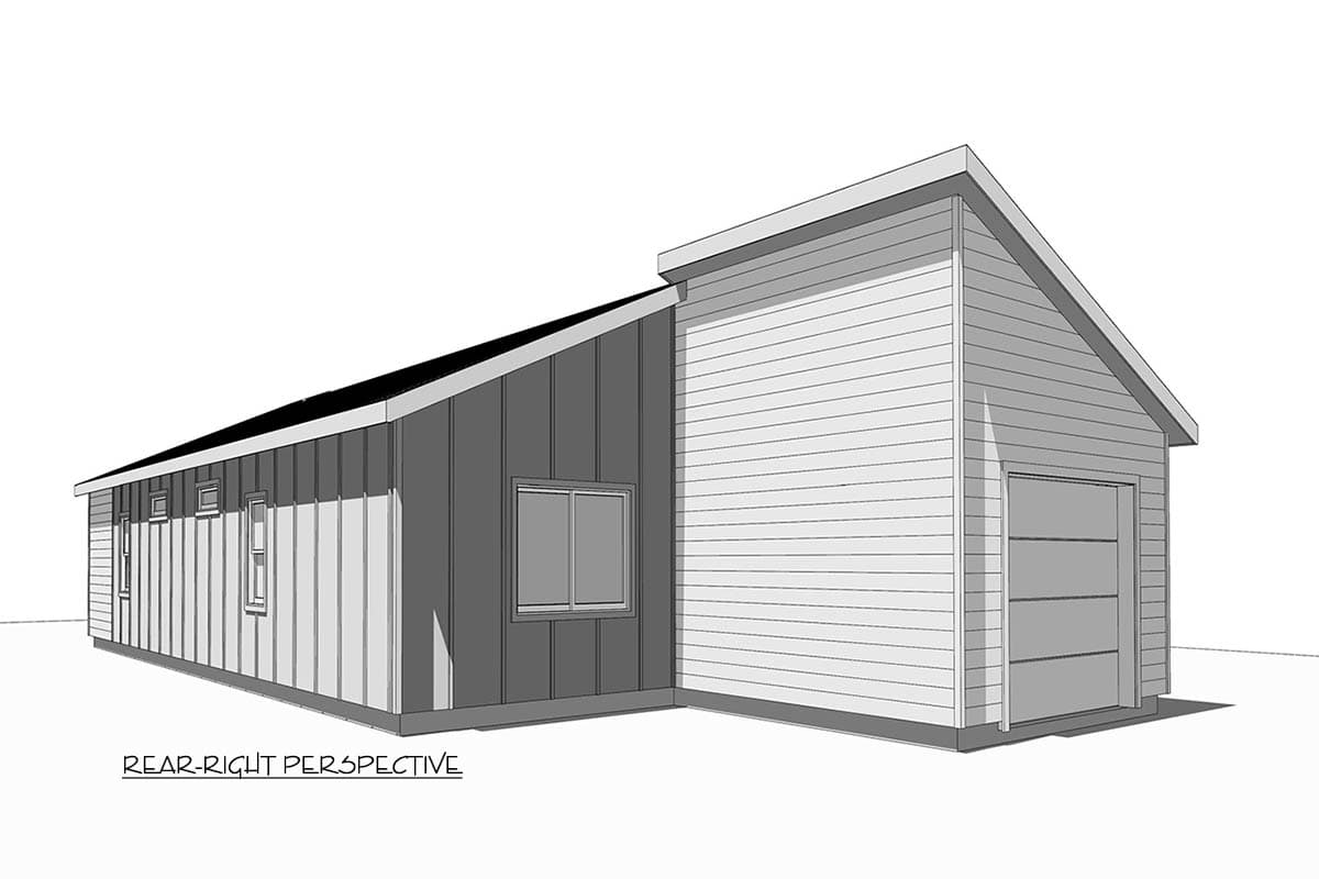 A rear-right perspective sketch of a modern, multi-section building with varying siding styles. It includes a garage door and several windows.