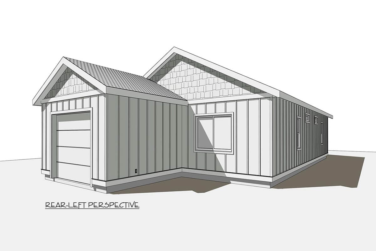 A stylized architectural drawing of a building with a garage door, a window, and a gabled roof, viewed from the rear-left perspective.