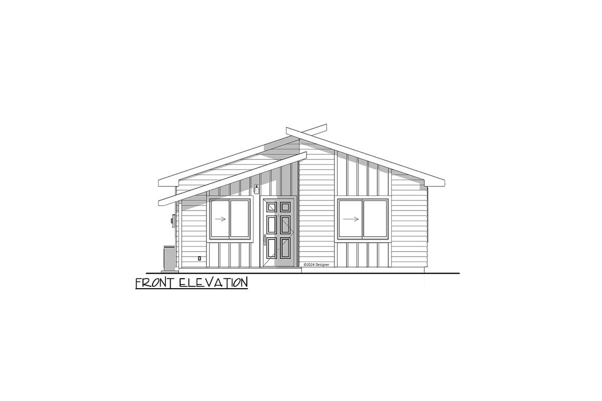 Front elevation drawing of a modern house, with a slanted roof and multiple windows. The entry has a six-panel door.