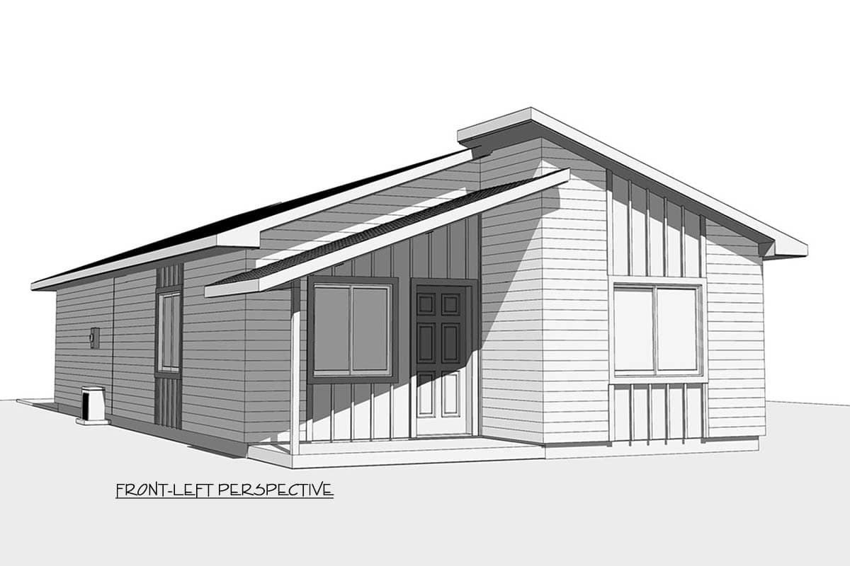 A front-left perspective sketch of a modern house, featuring a gabled roof and a small porch with a front door and windows.