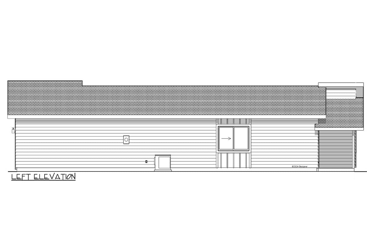 Left elevation architectural drawing of a house. It features a horizontal siding, a brick roof section, and a sliding door with an arrow.