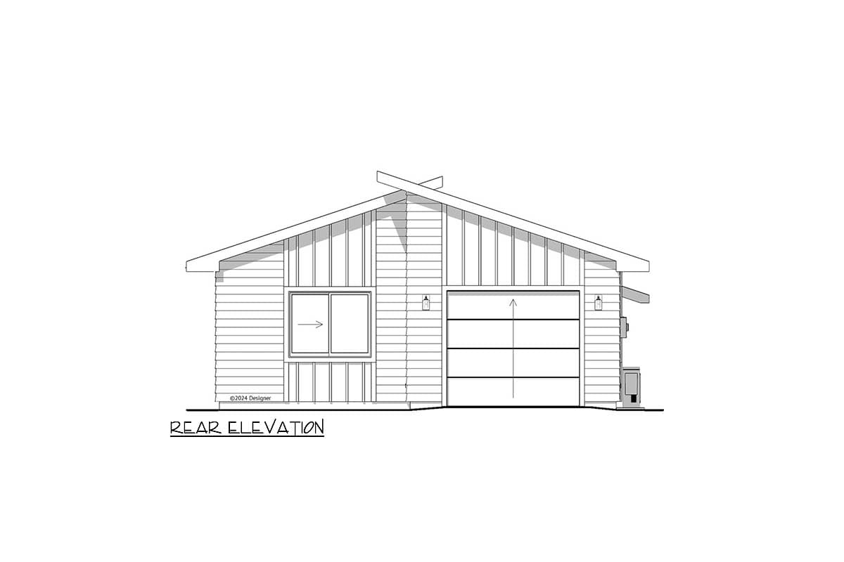 Rear elevation drawing of a modern house, showing a garage door, a window, and the sloped roof design. The drawing is in black and white.