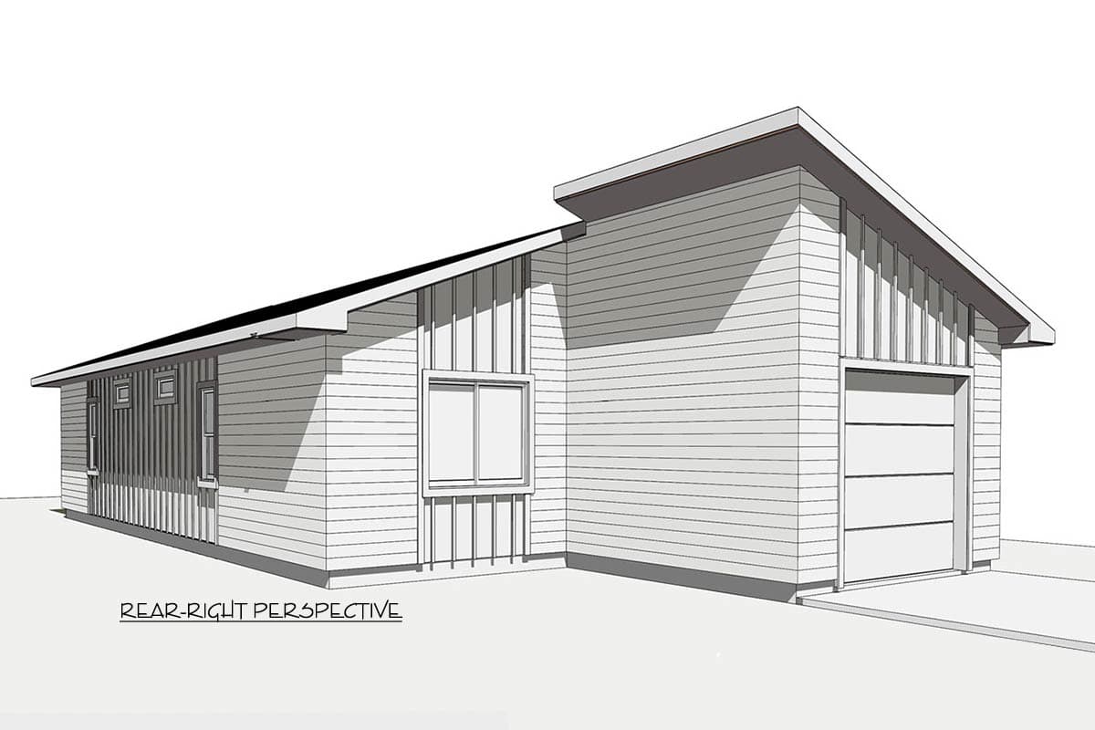 Architectural rendering of a modern house, viewed from the rear right. It features a garage door, windows, and angled roof in black and white.