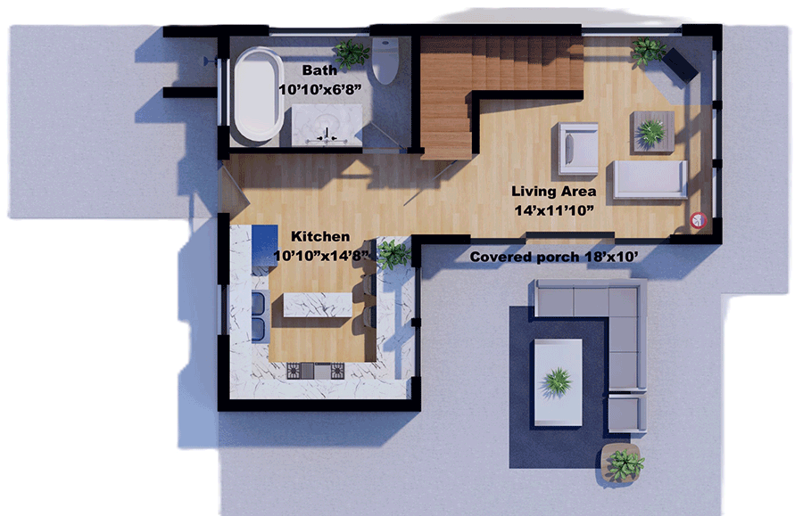Plan 430125LY: 1-Bed Contemporary Mountain House Plan with U-Shaped Kitchen - 900 Sq Ft - Floor Plan - Main Level - Contemporary, Mountain