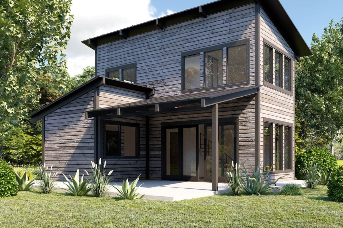 House plan exterior. Two-story Modern house with shed roof, covered porch, and horizontal wood siding. Features large windows and dark trim.