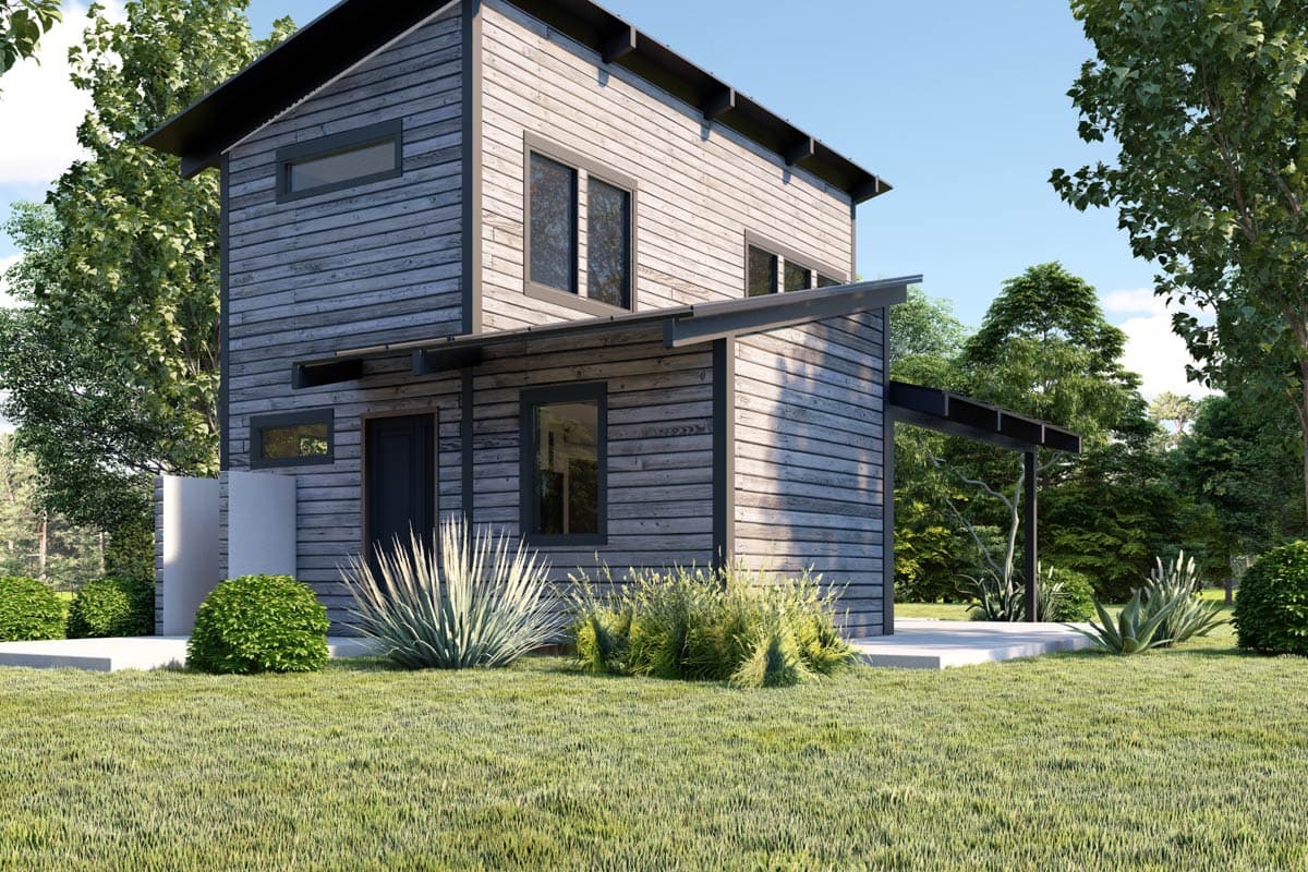 House plan exterior: two-story modern home with wood siding, prominent gables, and an angled covered entry.