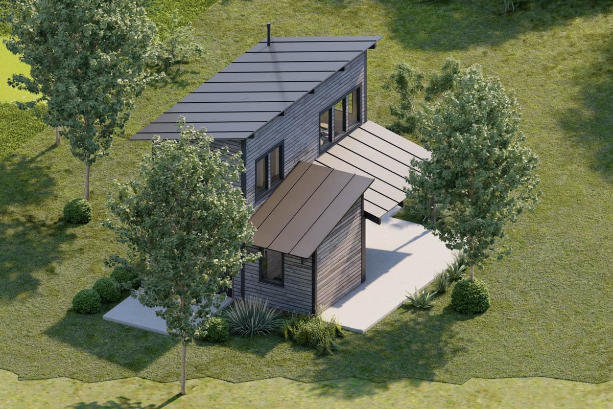 Modern house plan exterior with wood siding, multi-level gabled roofs, and large windows.