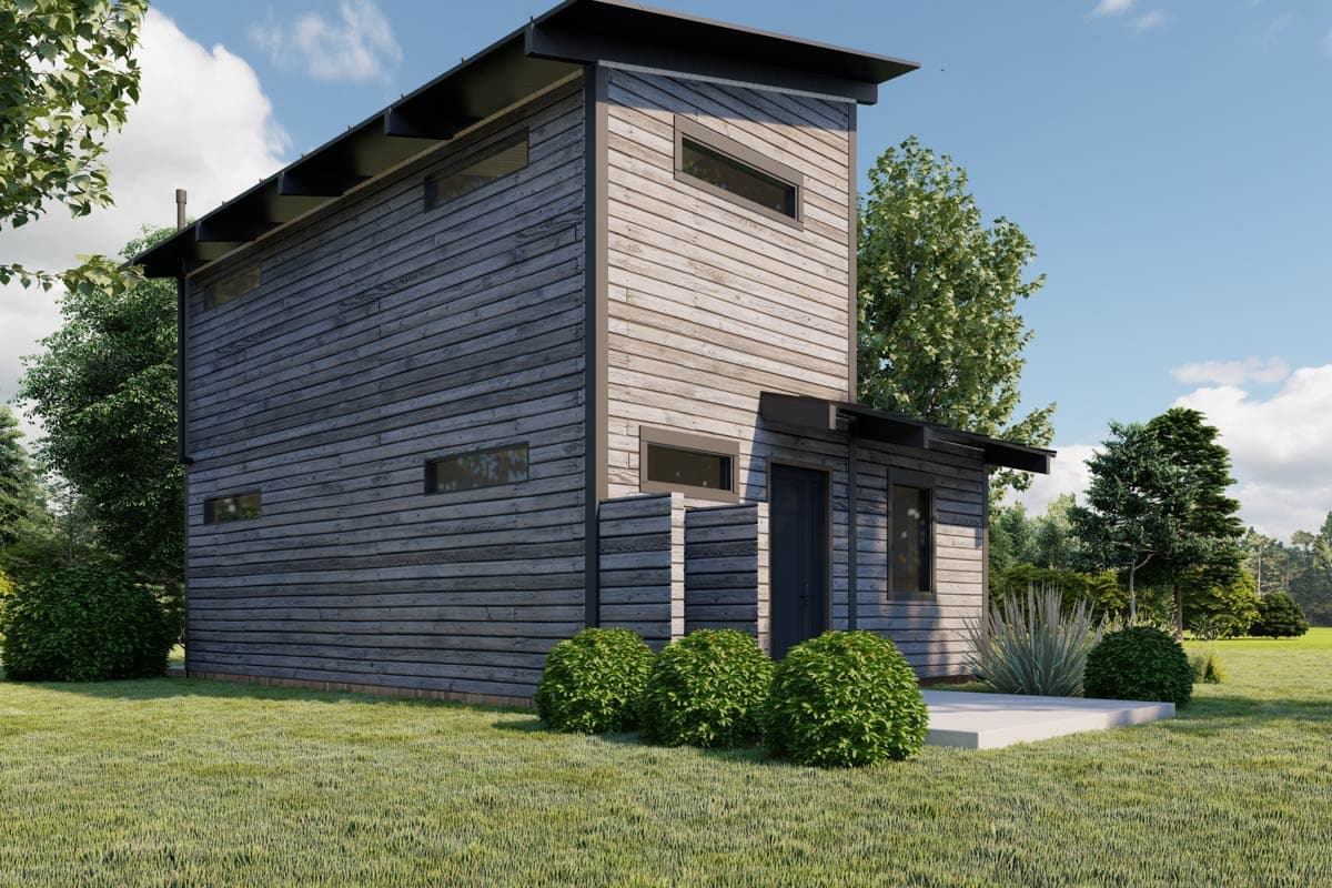 Modern house plan exterior, two stories, horizontal wood siding, shed roof, and horizontal windows.