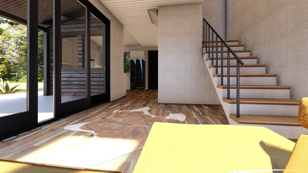Interior rendering showing a modern staircase with black railing, large sliding glass doors, and wood flooring.