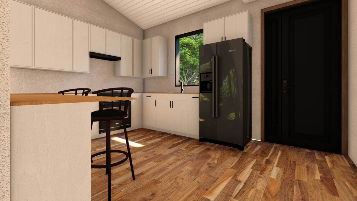 Plan 430125LY: 1-Bed Contemporary Mountain House Plan with U-Shaped Kitchen - 900 Sq Ft - Image #8 - Contemporary, Mountain