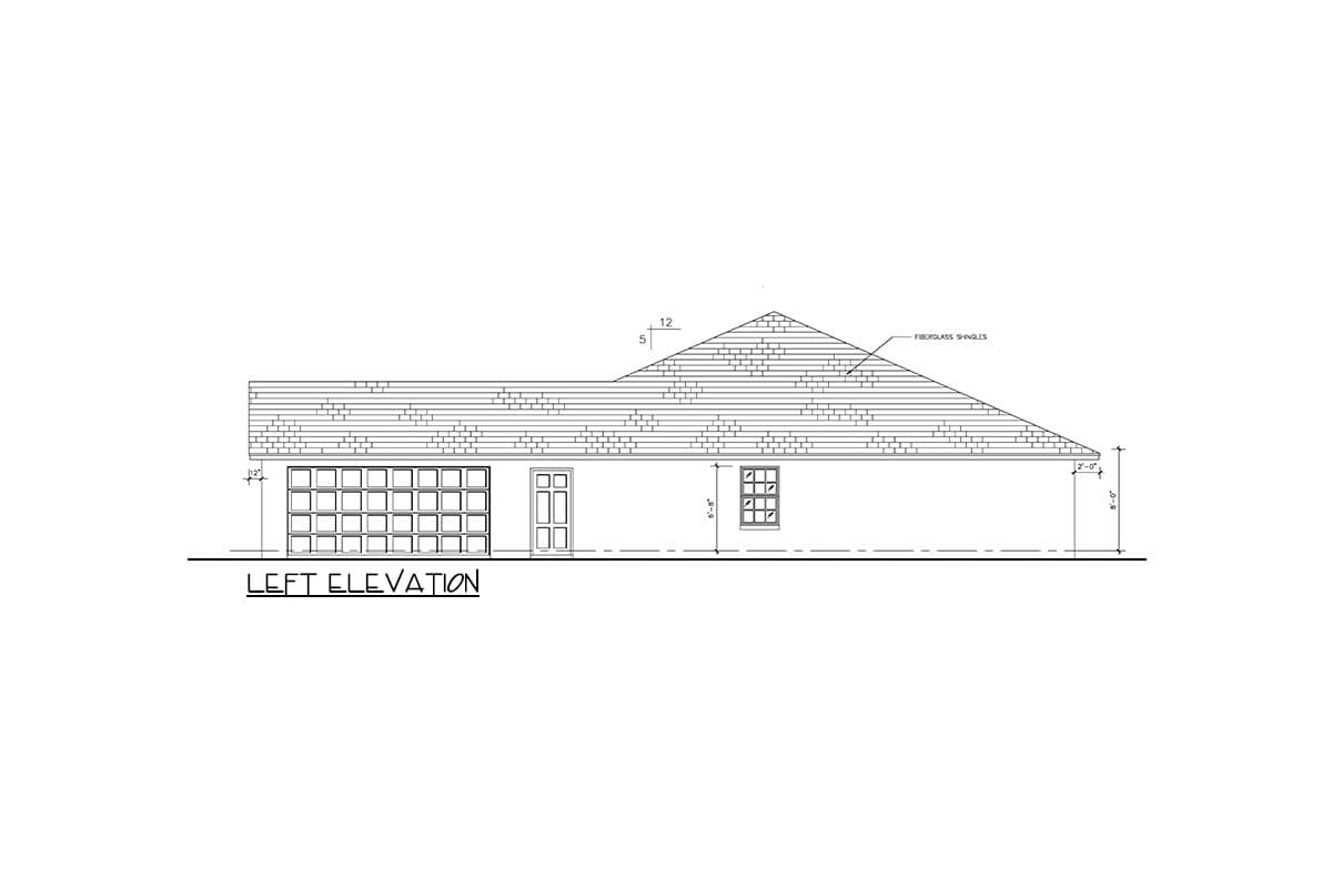 Left elevation house plan showing a large garage door, entry door, and window. Fiberglass shingles on roof.