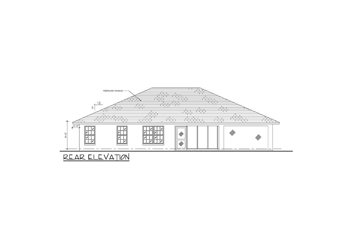 Rear elevation drawing of a house plan with a hip roof, multiple windows, a glass door, and a garage.