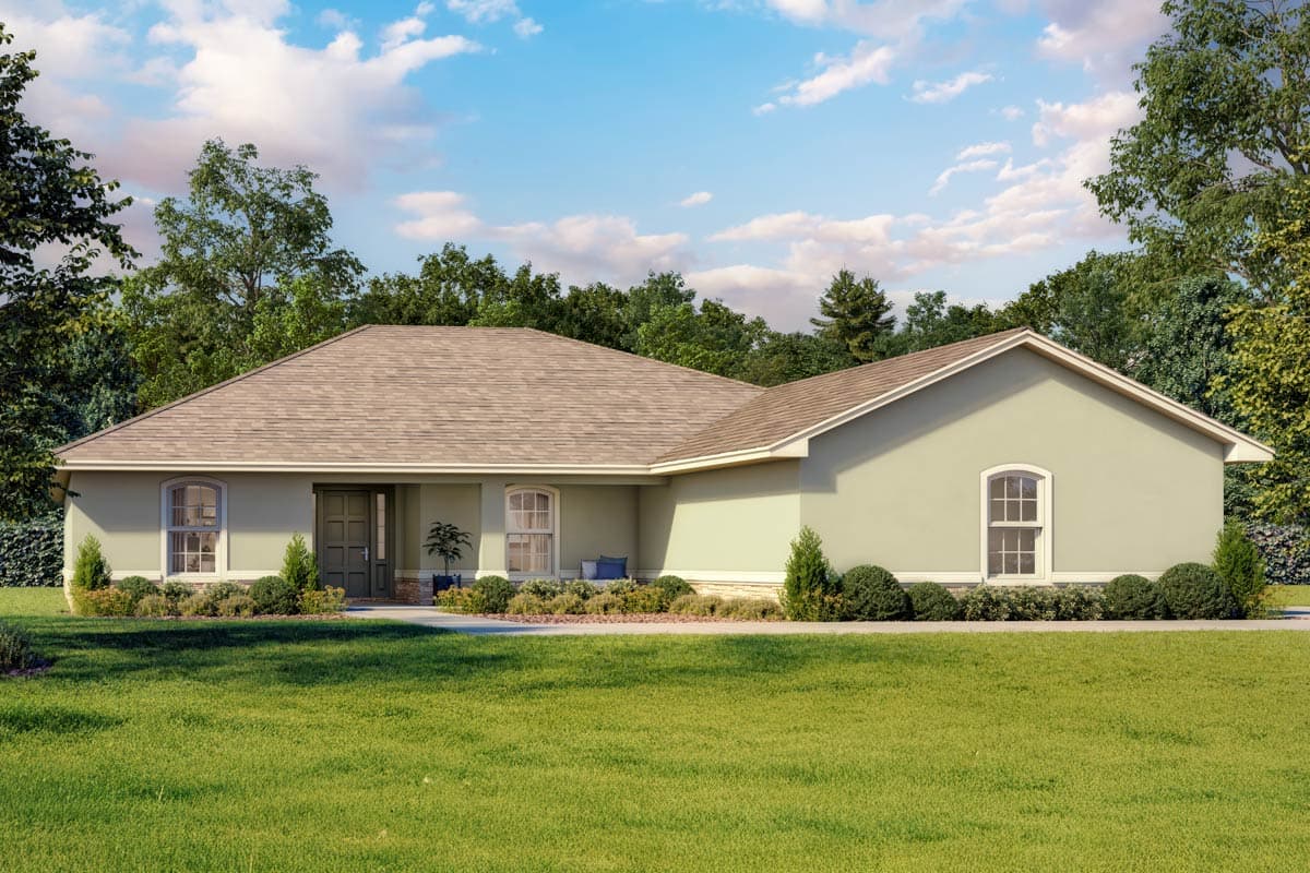 House plan exterior. Single-story Ranch style. Features include gabled roof, arched windows, and covered porch.