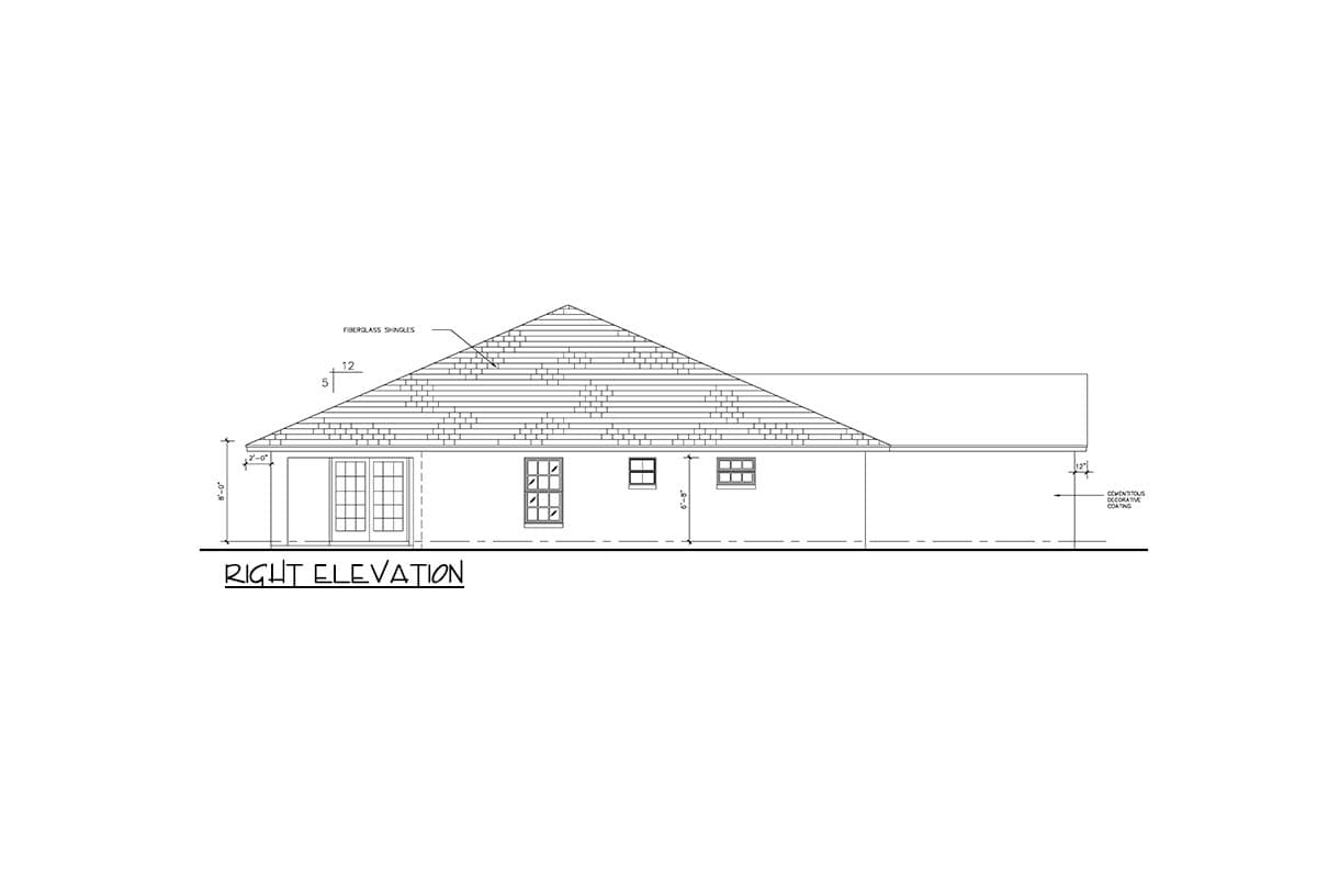Right elevation drawing shows fiberglass shingles, double doors, and three windows with a 12/5 roof pitch.