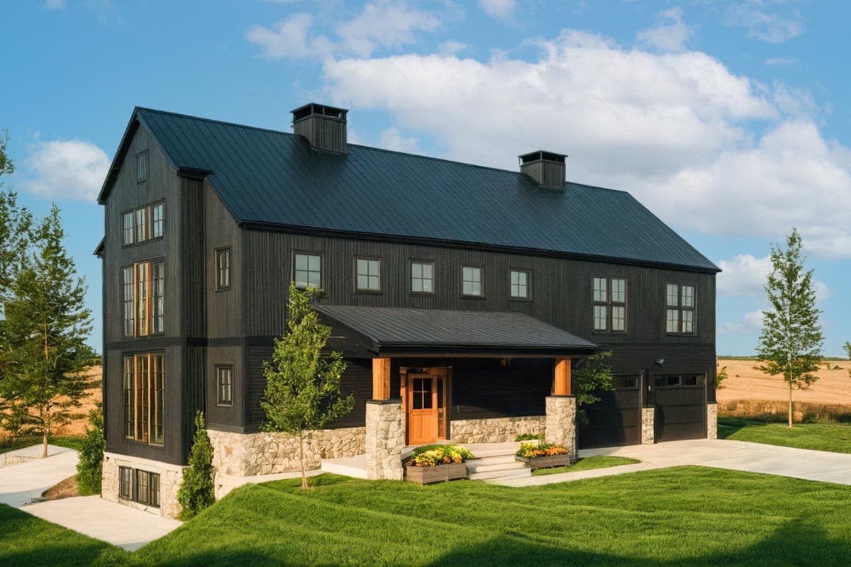 House plan exterior. Modern farmhouse style, two-story home with porch, stone base, metal roof, and attached garage.