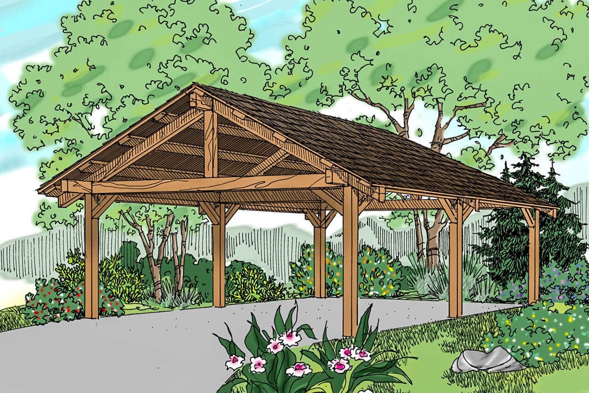 House plan exterior. Wooden, open-air structure with timber-frame construction. Gable roof. Includes a driveway and surrounding landscaping.