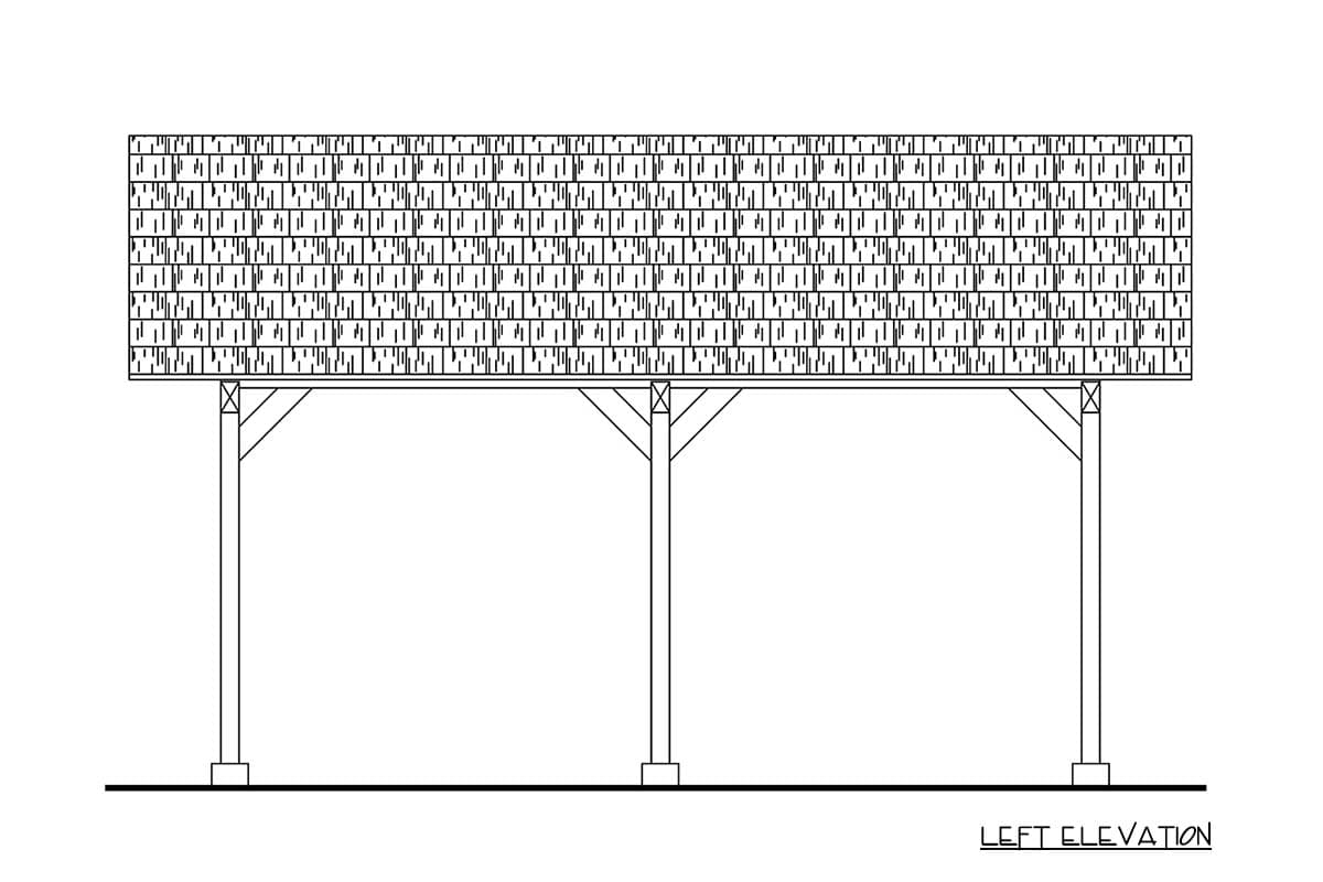 Left elevation drawing of a covered patio with timber posts and a shingled roof.