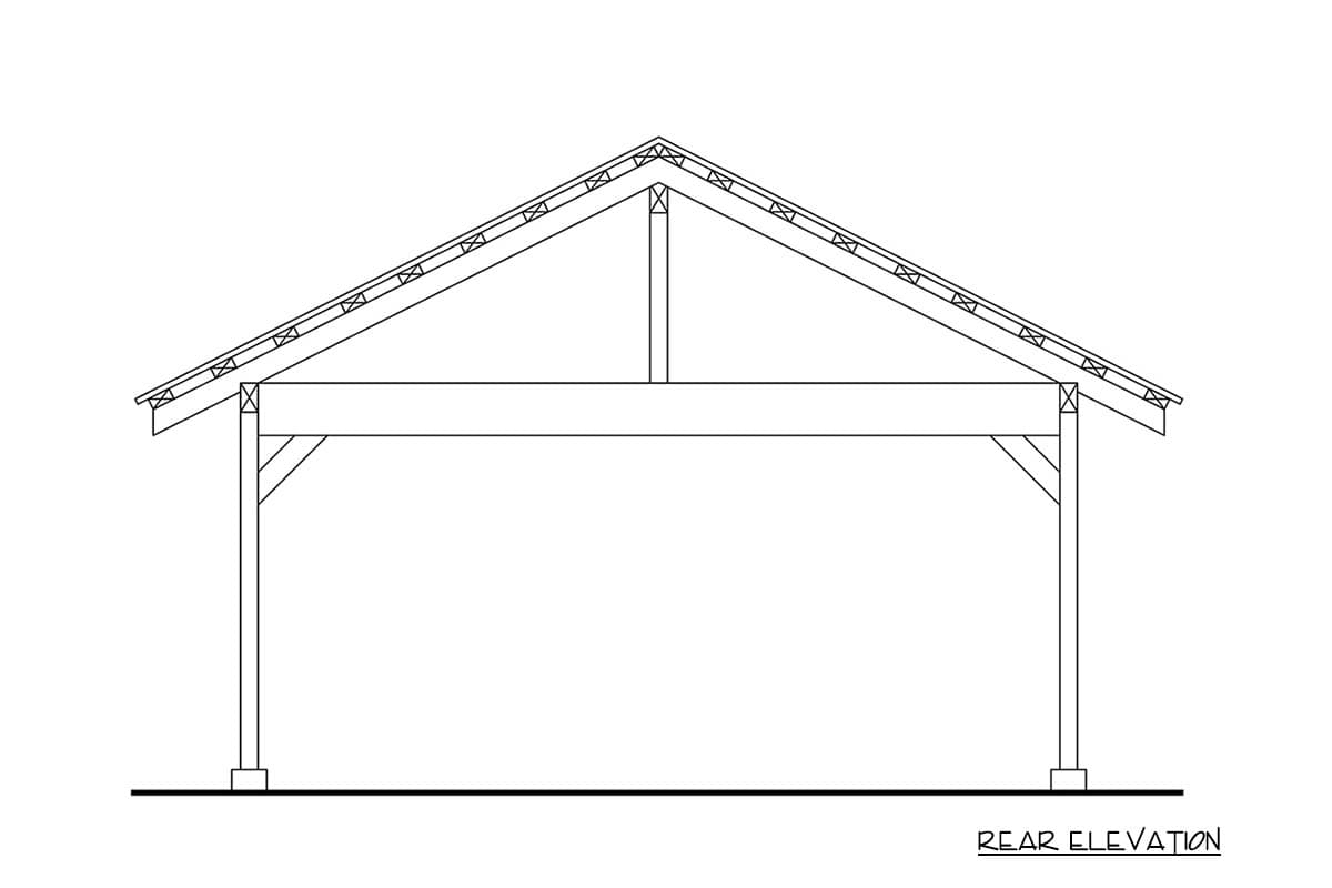 Rear elevation drawing of a building with a pitched roof, exposed rafters, and two support columns.