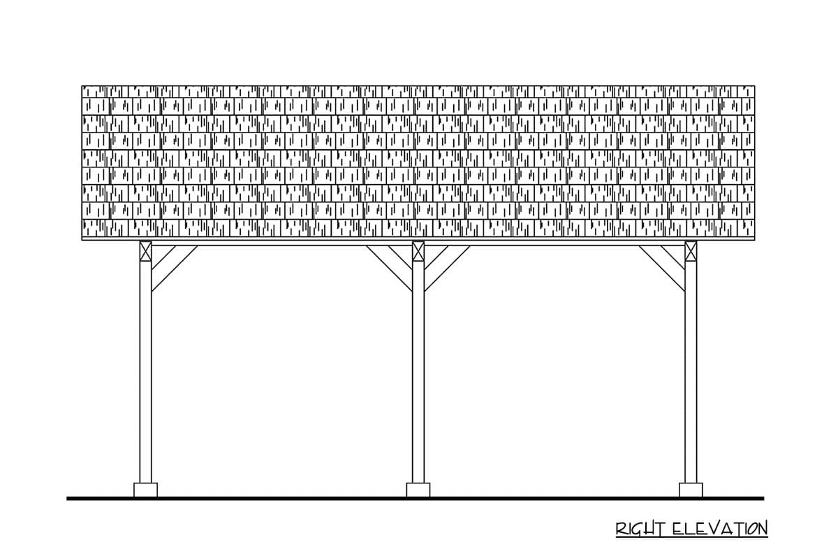 Right elevation drawing of a hip roof structure supported by three posts and diagonal bracing.