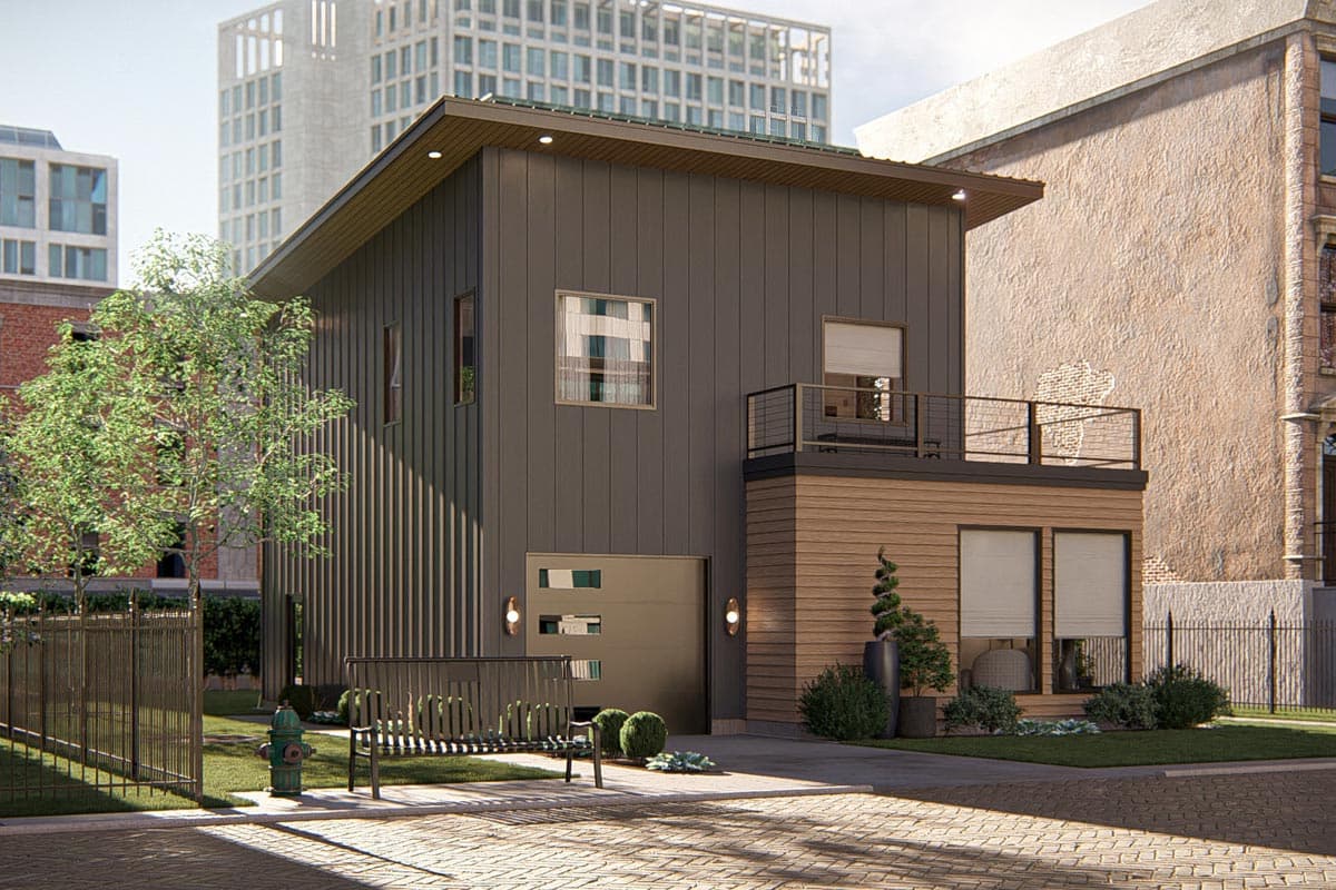 House plan exterior with two stories, flat roof, and metal siding. Features include a second-story balcony and attached garage.