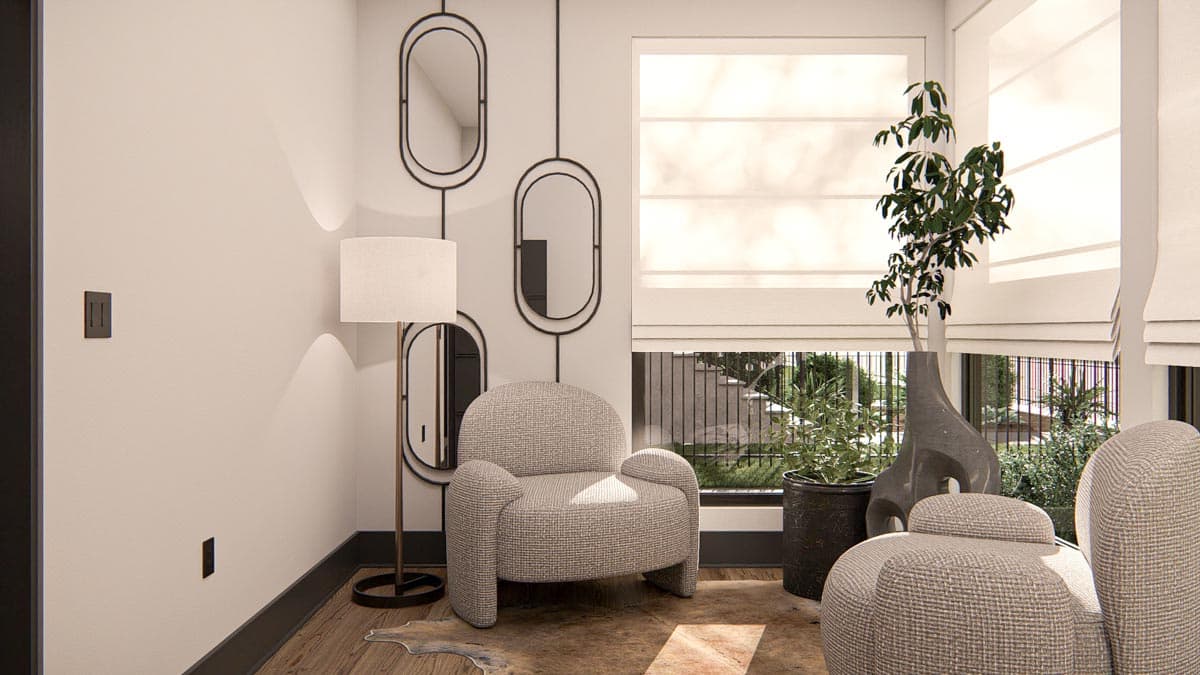 Interior rendering of a seating area with upholstered chairs, floor lamp, decorative mirrors, and large windows.
