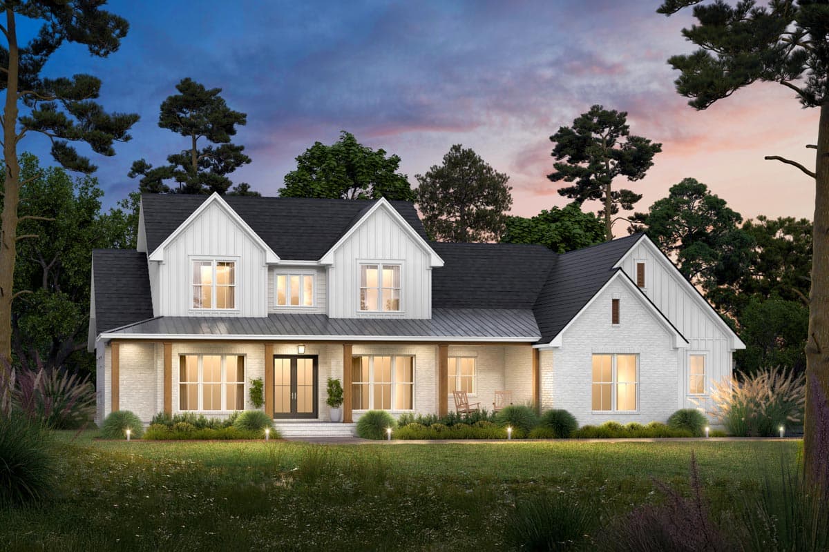 Modern Farmhouse house plan exterior with two stories, a covered porch, gable dormers, and white brick accents.