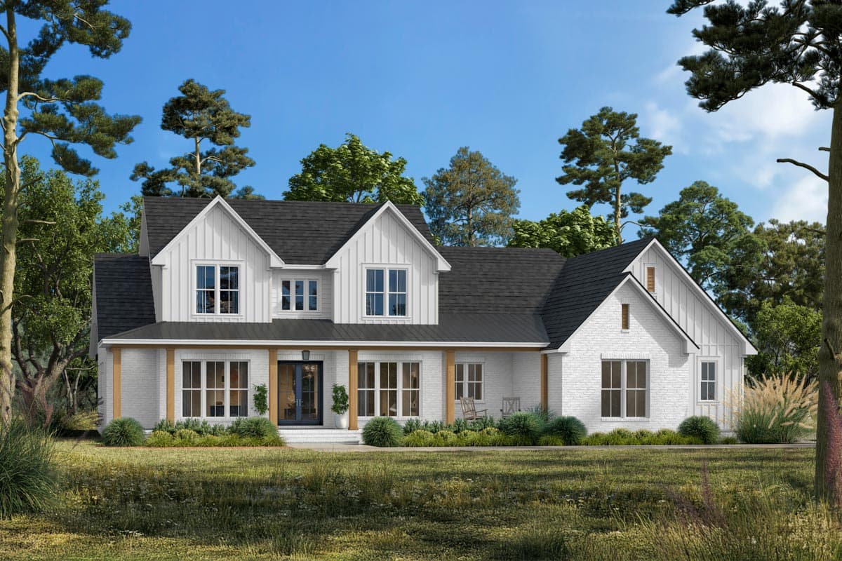 House plan exterior: Modern Farmhouse style, two stories, white brick, wide front porch with wood columns, and prominent gables.
