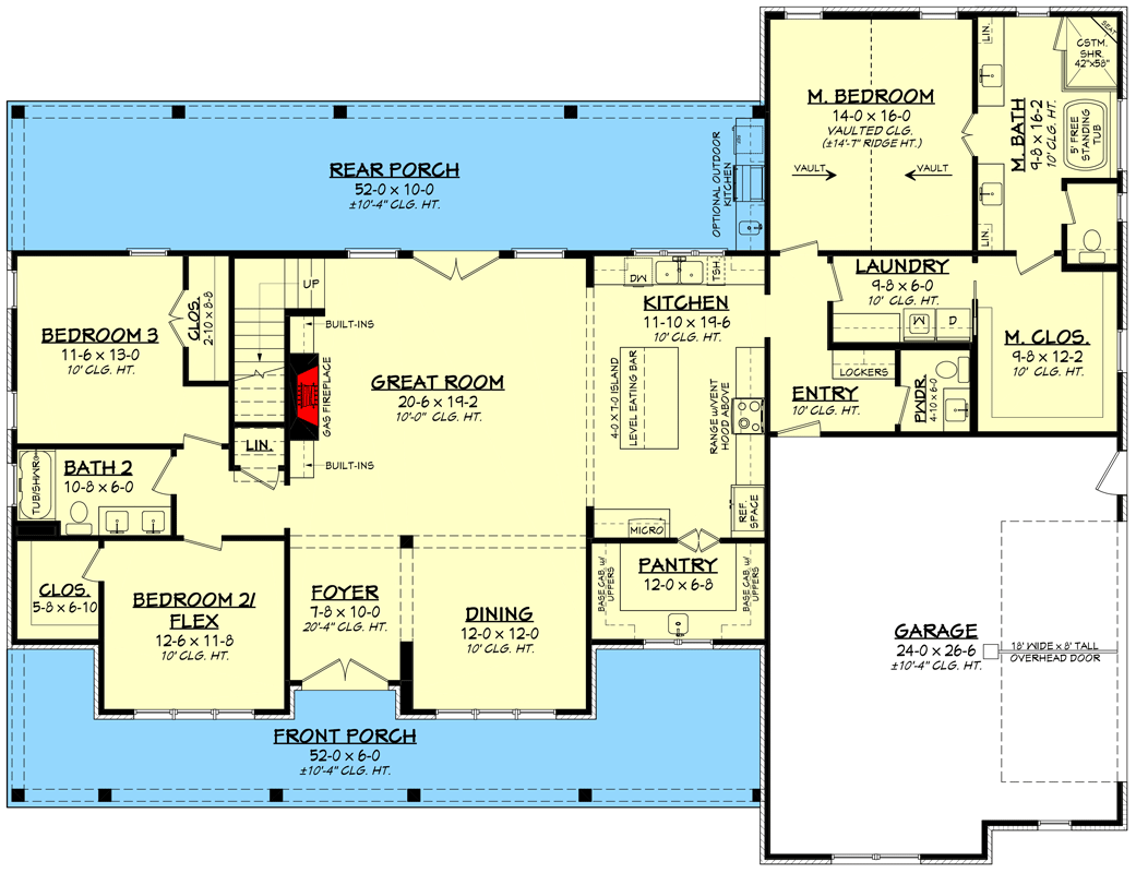 Plan 51993HZ: 2-Story Modern Farmhouse Plan with 4 or 5 Bedrooms - 2800 Sq Ft - Floor Plan - Main Level - Country, Modern Farmhouse, Southern, Traditional