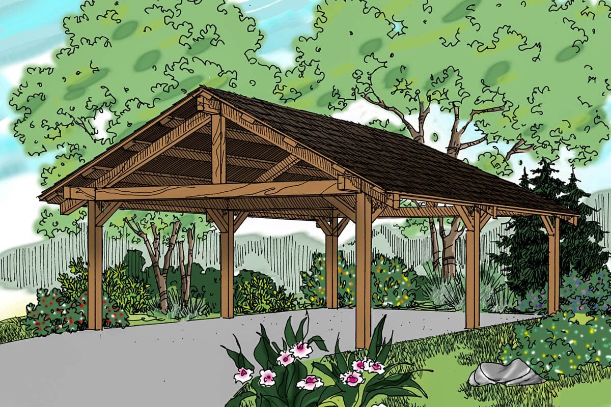 House plan exterior. Open-air structure with timber framing and gabled roof. Features include exposed rafters and posts and a paved driveway.