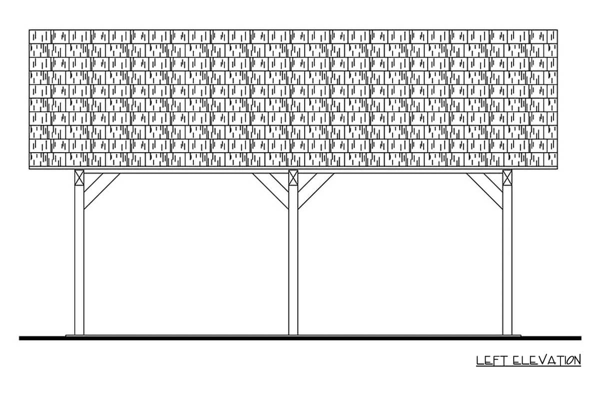 Left elevation drawing of a covered structure with a shingled roof supported by posts and angled bracing.