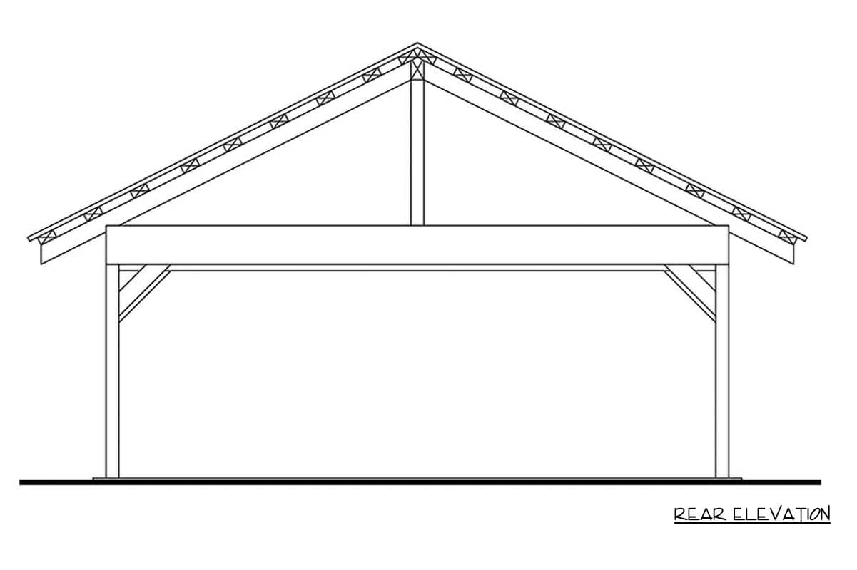 Rear elevation drawing of a two-post carport with a gable roof and exposed rafters.
