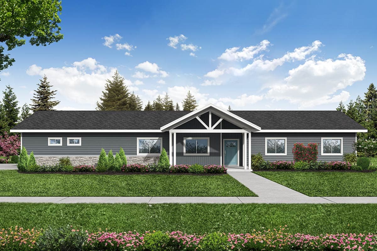 House plan exterior. Ranch style with front-facing gables, a covered porch, and a dark shingle roof. Features include a light blue door.