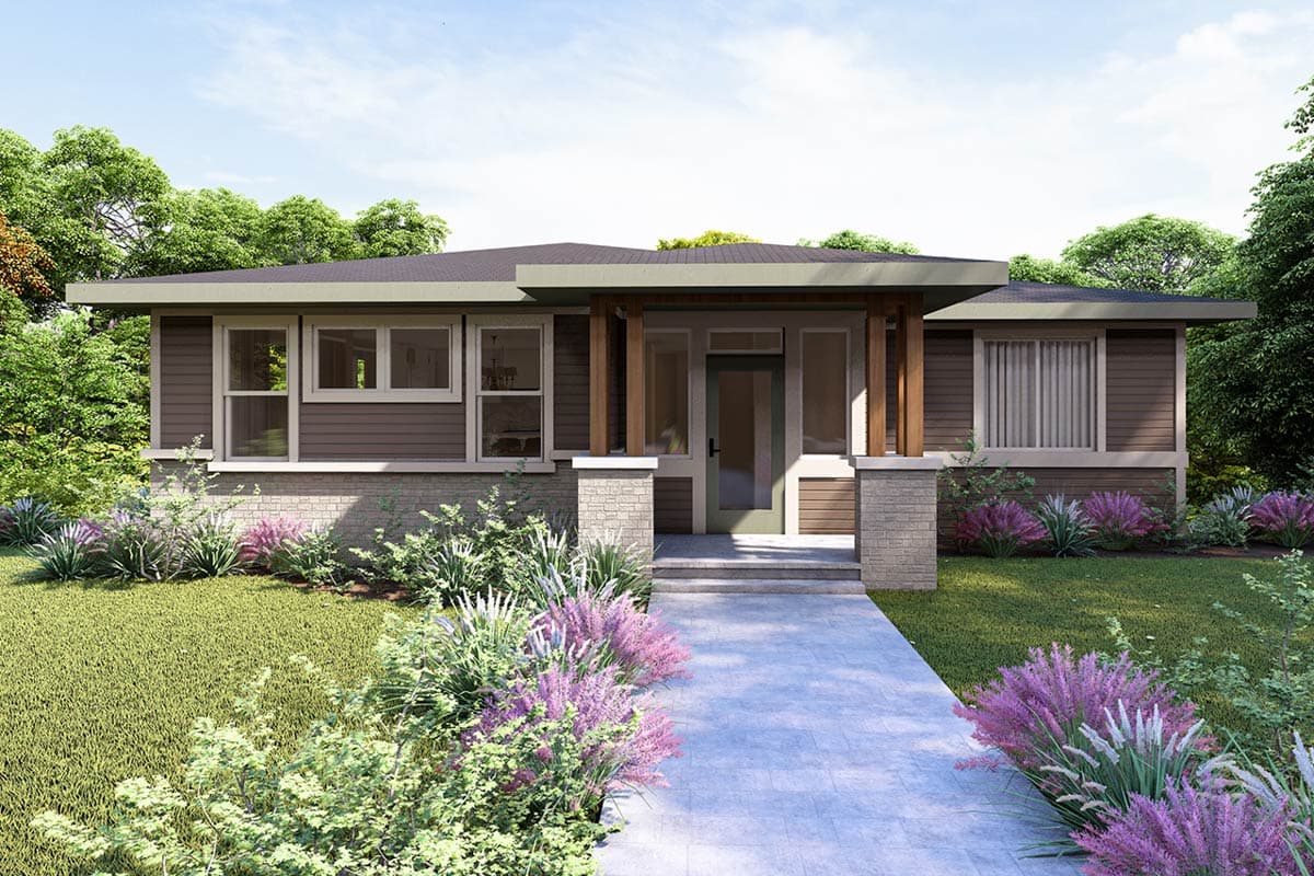 House plan exterior. Modern, one-story house with a flat roof, prominent entry porch supported by wood columns, and horizontal siding.