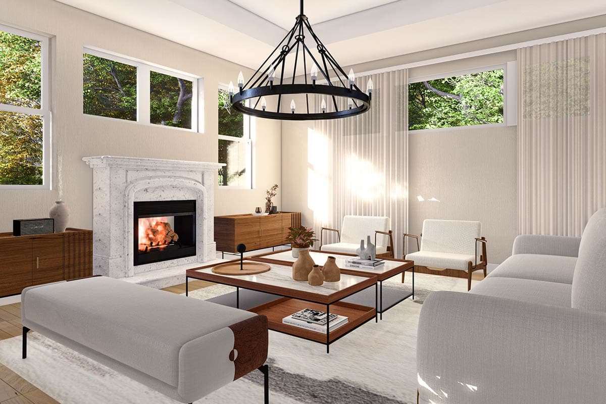 Rendering of a living room with a marble fireplace, sectional sofa, wood furniture, and a large circular chandelier.