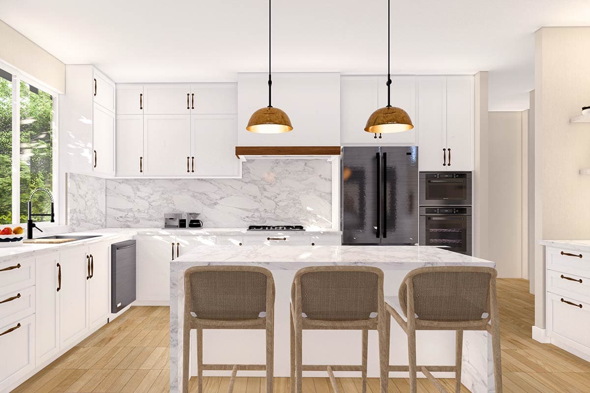 Kitchen rendering with white cabinetry, marble countertops, large island with seating, and stainless steel appliances.