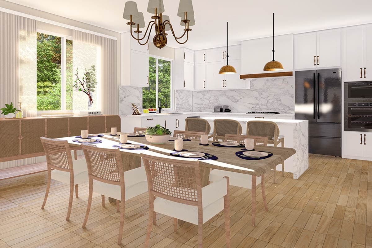 Dining area and kitchen with white cabinets, marble backsplash, stainless steel refrigerator, and wood flooring.