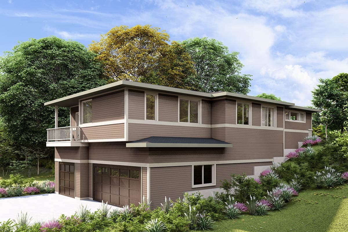 House plan exterior with modern, flat rooflines. Features horizontal siding, a second-story balcony, and a three-car garage.