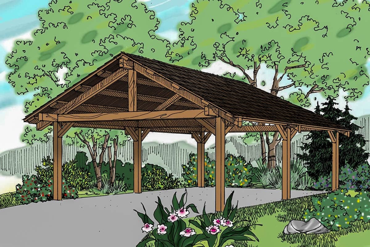 House plan exterior shows a carport with a gabled roof supported by timber frame posts. The driveway leads into the structure.