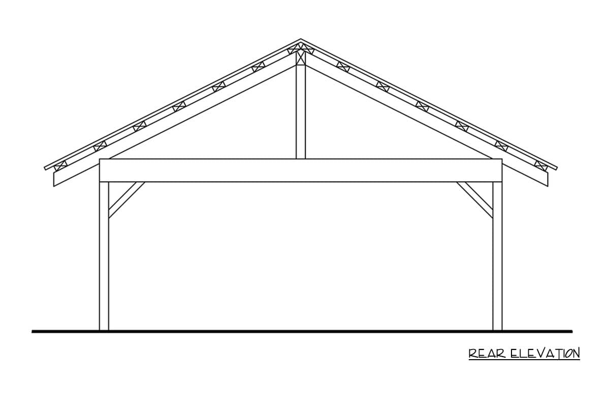 Rear elevation drawing of a structure with a gable roof, visible rafters, and support posts.