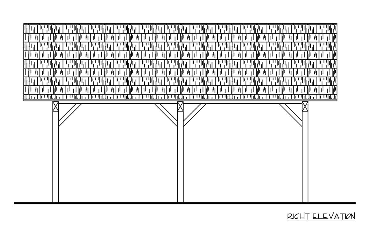 Architectural drawing: Right elevation of a roof with visible shingles supported by angled beams and vertical posts.