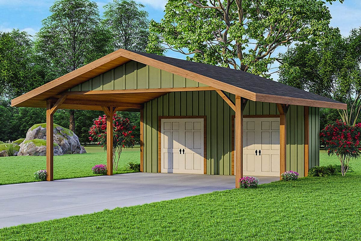 House plan exterior. One-story structure with attached carport. Features include a gable roof, exposed wood beams, and two garage doors.