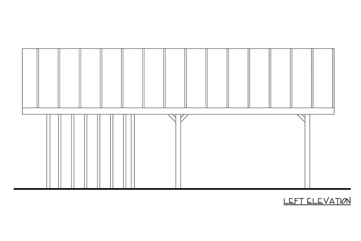 Left elevation of a house plan showing a raised structure supported by multiple vertical posts and bracing.