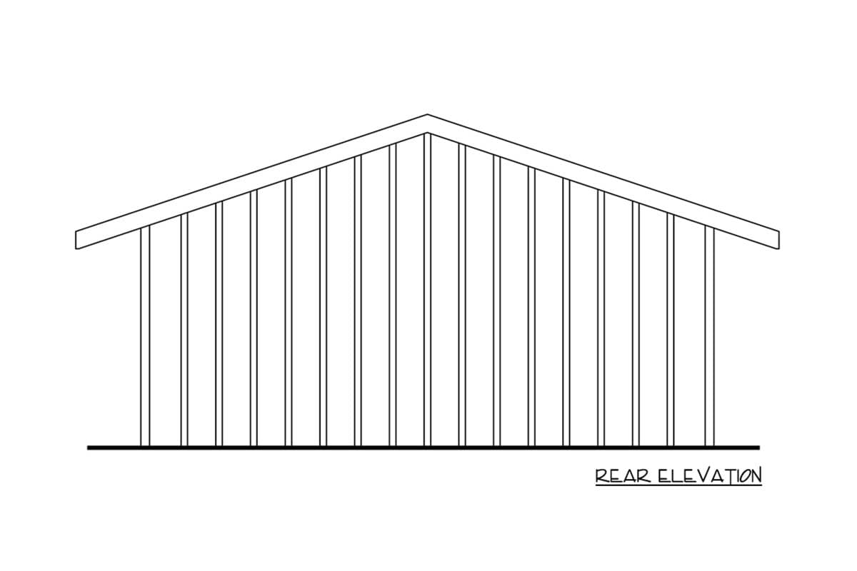 Rear elevation drawing of a building with a gabled roof and vertical wall supports.