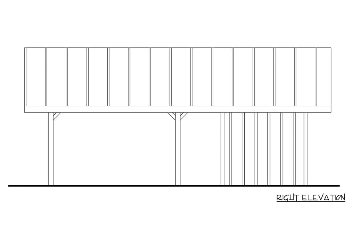 Right elevation drawing of a house plan showing a raised foundation with vertical posts and a porch.
